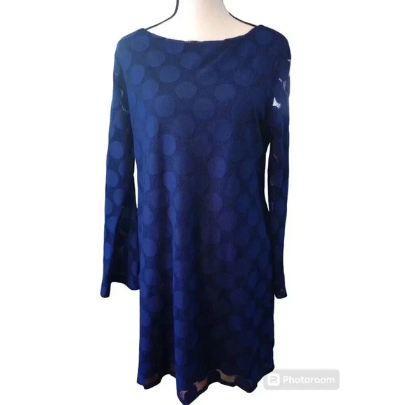 Style & Co. Dresses & Skirts - Style & Co Dress Sapphire Blue Polka Dot Sheer Overlay Lined Bell Sleeves Large